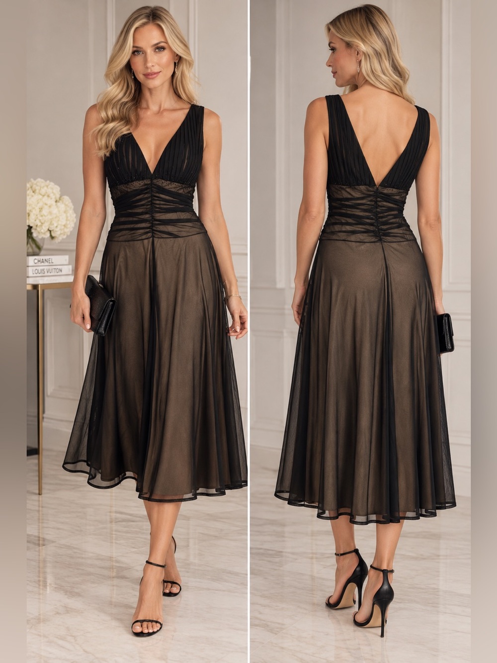Sz Large US 12 ❤️ JS Boutique Women’s Dress Black Beige Lined Mesh Midi